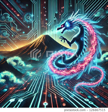 A futuristic cyberpunk Japanese-style wallpaper art that combines Mount Fuji and a dragon 126867515