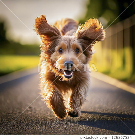 A cute small furry dog running towards you 126867524