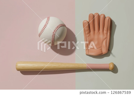 Baseball equipment laid out on a colorful background with bat and ball 126867589