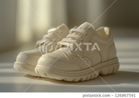 Light spills over stylish cream sneakers or baby shoes on tiled floor Light spills over stylish cream sneakers or baby shoes on tiled floor 126867591