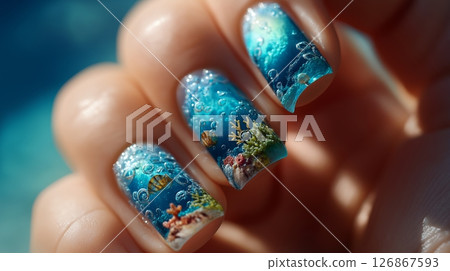 Stunning OceanInspired Nail Art Featuring Beautiful Bubbles and Vibrant Coral Designs 126867593
