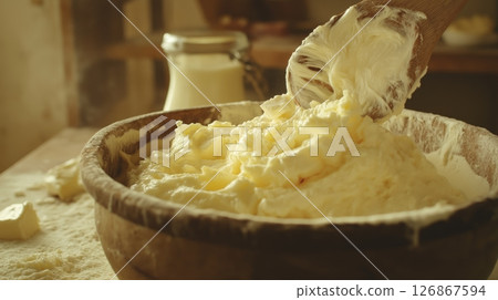 Handmade butter preparation with natural ingredients in a cozy kitchen 126867594