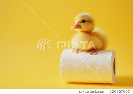 A fluffy yellow duckling perches on top of a roll of white paper towels 126867607