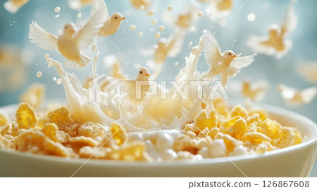 Birds soaring above a bowl of cereal in a sunlit kitchen during a bright morning 126867608