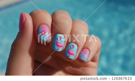 Colorful flamingo nail art design showcased against turquoise pool background 126867610