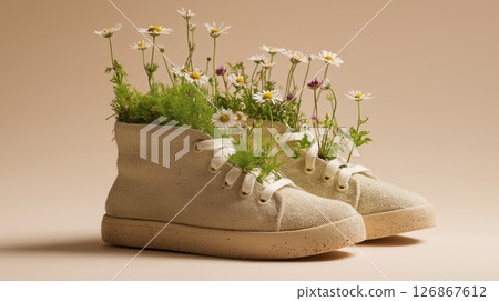 Creative footwear planters filled with vibrant flowers and greenery 126867612