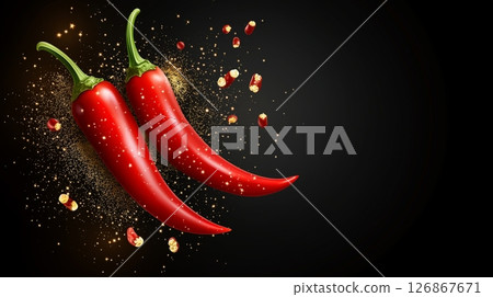 Dynamic freeze motion of flying two 2 chili peppers on a black background 126867671