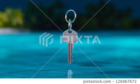 Key resting above calm water surface reflecting serene surroundings 126867672