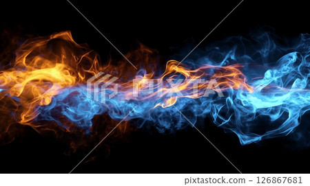 Dynamic collision of fire and ice flames on black background, symbolizing contrast and balance 126867681
