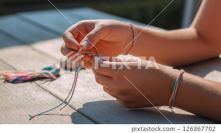 Crafting colorful friendship bracelets on a sunny outdoor afternoon 126867702
