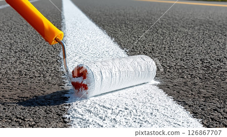 Painting a fresh white line on a road during daylight hours 126867707