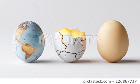 Three eggs: Earth, a cracked shell, and a plain one arranged simply 126867737