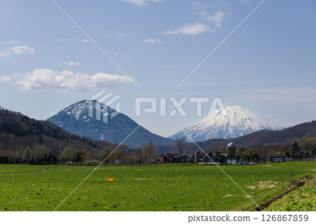 A view of a ranch surrounded by fresh spring greenery and the twin Mt. Yotei 126867859