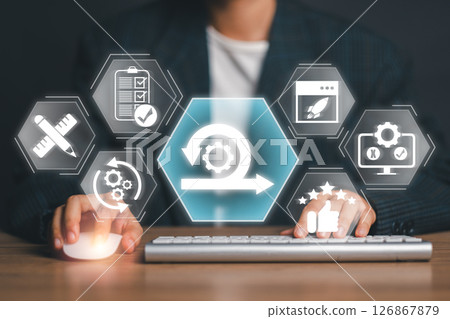 Visual representation of agile methodology with icons and a businessman, ideal for illustrating modern project management and software development. 126867879