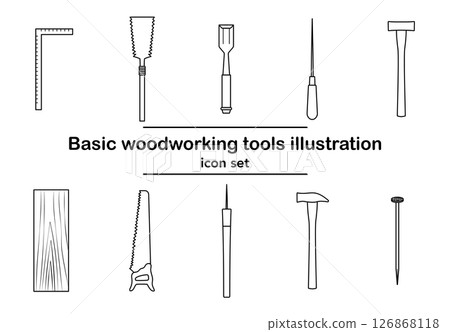 Vector illustration of basic icon set of woodworking tools | saw, hammer, hammer, drill, chisel, 126868118