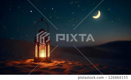 A radiant Ramadan lantern brightens the desert night, symbolizing hope and spirituality within an Islamic context 126868155