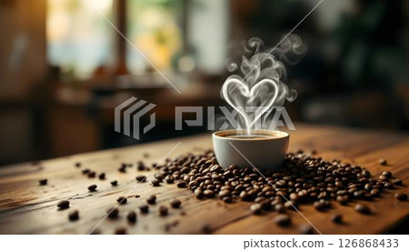Wooden table with heart-shaped steaming coffee beans and roasted beans, creating a warm ambiance in a cozy cafe 126868433