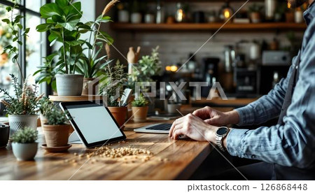 A man works on a laptop at a wooden table in a cozy cafe, surrounded by a warm and inviting atmosphere 126868448