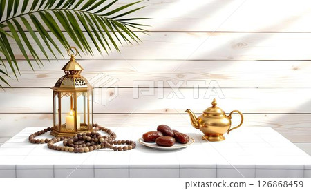 Stylish 3D render of a Ramadan table with a gold lantern, dates, and a teapot on wood, reflecting minimalist Islamic design 126868459