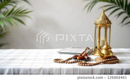 Elegant Ramadan setup with a gold lantern, dates, and a teapot on a wooden surface, embodying modern Islamic decor 126868461