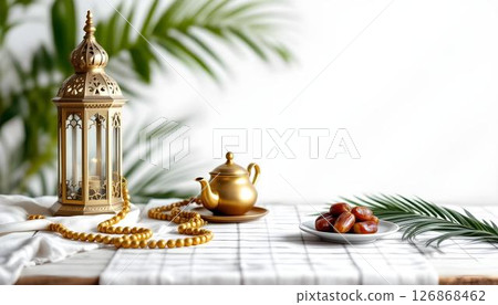 A minimalist Ramadan table featuring a gold lantern, dates, and a teapot on a wooden background, perfect for Eid al-Fitr 126868462