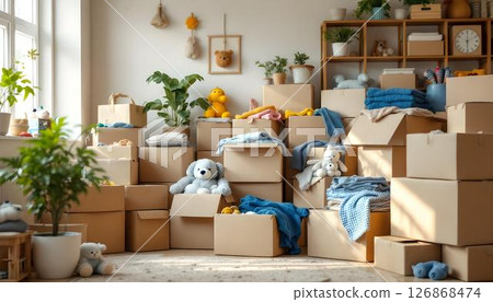 A space abundant with boxes and stuffed animals, prepared for charitable donations, embodying compassion and community participation 126868474