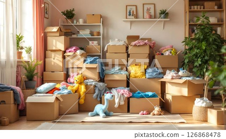 A room with assorted boxes and stuffed animals, designated for charity donations, symbolizing hope and support for others 126868478