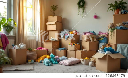 A space filled with boxes and stuffed animals, set for donation to charity, reflecting compassion and community involvement 126868479