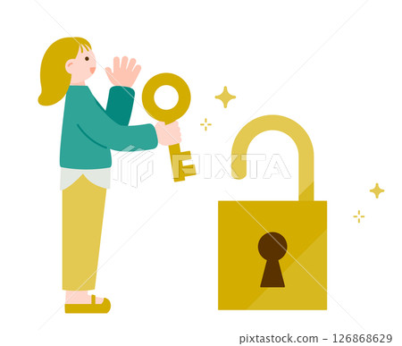 一個女人用鑰匙打開門——象徵著解決問題、突破和自由感的插圖 一個女人用鑰匙打開門——象徵著解決問題、突破和自由感的插圖 126868629