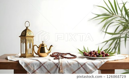 A minimalist Ramadan table set with a gold lantern, dates, and a teapot against a wooden backdrop, perfect for celebrating Eid al-Fitr A minimalist Ramadan table set with a gold lantern, dates, and a teapot against a wooden backdrop, perfect for celebrating Eid al-Fitr 126868729