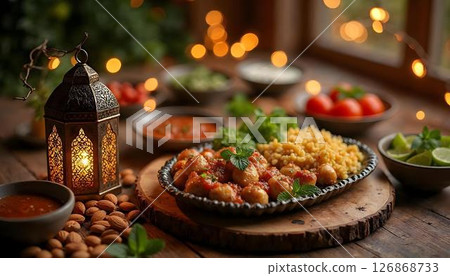 An inviting table showcasing a range of Arabic cuisine, complete with salsa and mint leaves, for iftar and suhoor during Ramadan 126868733