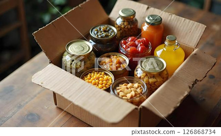 A cardboard box filled with food and various items, highlighting the importance of donations for charitable efforts 126868734