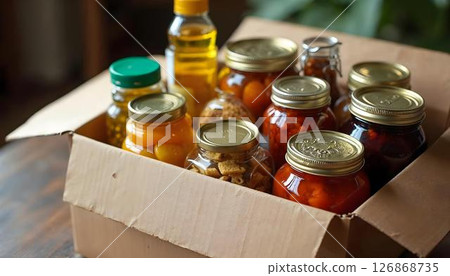 A filled cardboard box containing food and supplies, reflecting the essence of kindness and charitable giving 126868735