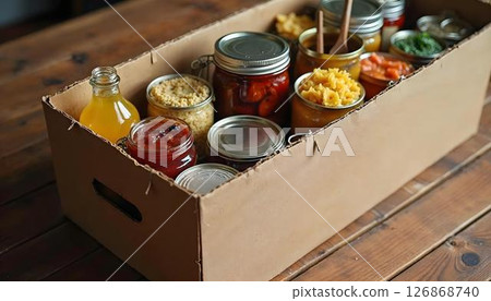 A packed cardboard box with food and supplies, embodying the essence of generosity and charitable donations A packed cardboard box with food and supplies, embodying the essence of generosity and charitable donations 126868740