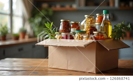 A cardboard box filled to the brim with food and essential items, representing the spirit of charity and community support through contributions A cardboard box filled to the brim with food and essential items, representing the spirit of charity and community support through contributions 126868741