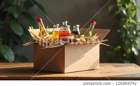 A cardboard box filled with food and goods, illustrating the role of donations in charitable efforts and community aid A cardboard box filled with food and goods, illustrating the role of donations in charitable efforts and community aid 126868742