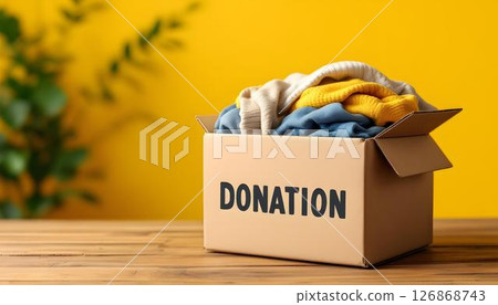 A wooden table showcases a donation box filled to the brim with clothes, symbolizing community support and charity for those in need 126868743