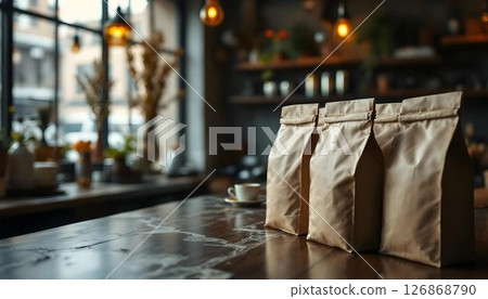 A cozy cafe scene featuring coffee bags lined up on a wooden counter, showcasing roasted coffee bean packaging 126868790