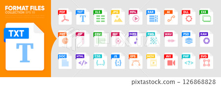 File Type icon set. Popular files format and document. Format and extension of documents. Set of graphic templates audio, video, image, system, archive, code and document file. Vector illustration. File Type icon set. Popular files format and document. Format and extension of documents. Set of graphic templates audio, video, image, system, archive, code and document file. Vector illustration. 126868828