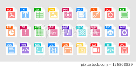 File Type icon set. Popular files format and document. Format and extension of documents. Set of graphic templates audio, video, image, system, archive, code and document file. Vector illustration. 126868829