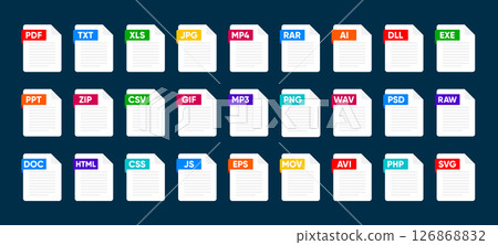 File Type icon set. Popular files format and document. Format and extension of documents. Set of graphic templates audio, video, image, system, archive, code and document file. Vector illustration. File Type icon set. Popular files format and document. Format and extension of documents. Set of graphic templates audio, video, image, system, archive, code and document file. Vector illustration. 126868832