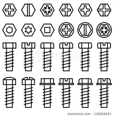 各種形狀的六邊形、螺絲、螺栓和螺絲的向量插圖集 126868841