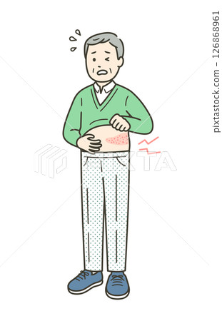 A full-body illustration of an elderly man grimacing in pain from shingles 126868961