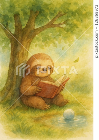 木陰で本を読むナマケモノの水彩イラスト｜Watercolor Illustration of a S 126868972