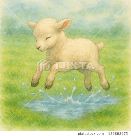 水たまりではねる子ひつじの水彩イラスト｜Watercolor Illustration of a L 126868975