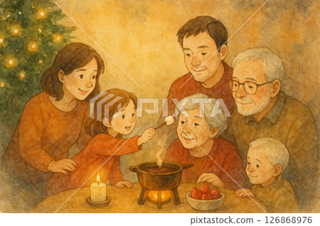 Family Christmas Gathering Around Chocolate Fondue 126868976