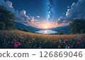 Beautiful sunrise and cosmos flower field 126869046