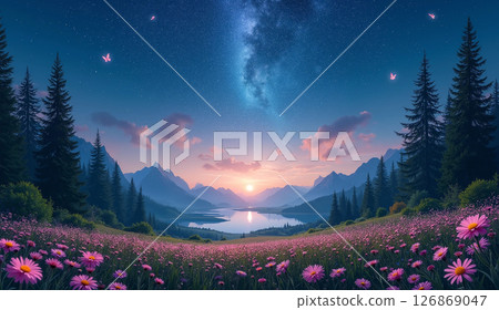 Beautiful sunrise and cosmos flower field 126869047