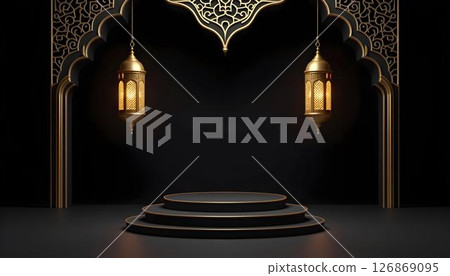 A Ramadan scene filled with Islamic motifs, adorned with golden lanterns, stars, a podium, and a crescent moon 126869095