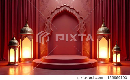 A Ramadan scene rich in Islamic elements, decorated with golden lanterns, stars, a podium, and a crescent moon 126869100